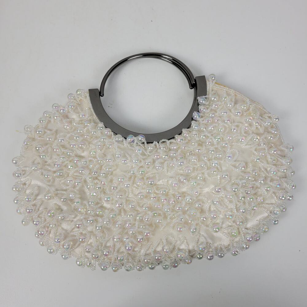 Vintage Womens Iridescent Crystal Hand Bag White Chandelier Beaded Evening Purse